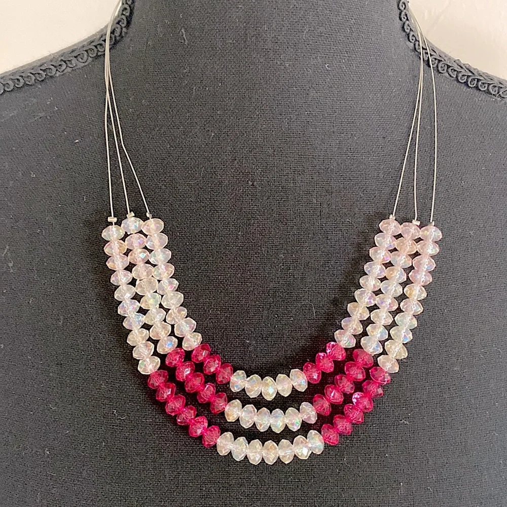 Silver “Invisible” Necklace With White And Hot Pink Beads - Picture 6 of 16